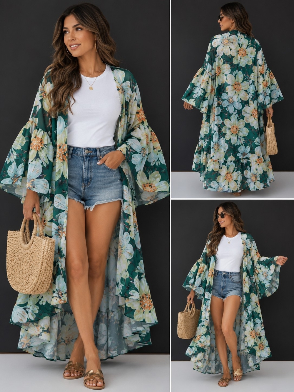 Boho Floral Kimono Cover Up Long Beach Cardigan Bell Sleeve Duster